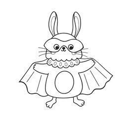 Cute rabbit outline cartoon character. Bunny in halloween bat costume. Coloring book page template for kids and children, doodle print, vector contour illustration.