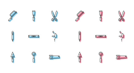 Set line Trowel, Wrench spanner, Hacksaw, Hand, Construction bubble level, drill, Pencil with eraser and Putty knife icon. Vector