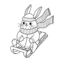 Cute rabbit outline cartoon character. Bunny rolling down hill on sled. Coloring book page template for kids and children, doodle print, vector contour illustration.