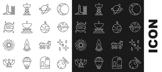 Set line Satellites orbiting the planet Earth, Planet, Venus, Saturn, Rocket launch from spaceport and Moon with flag icon. Vector