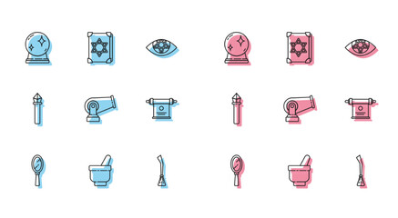 Set line Magic hand mirror, mortar pestle, ball, Witches broom, Cannon, scroll, staff and Ancient magic book icon. Vector