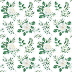 Seamless pattern with white roses, olive and pistachio branches. Watercolor illustration. Rustic style Can be used for wedding prints, gift wrapping paper, backgrounds for Valentine's day and birthday