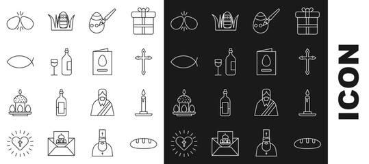Set line Bread loaf, Burning candle in candlestick, Christian cross, Easter egg paint brush, Wine bottle with glass, fish, eggs and Greeting card Happy icon. Vector