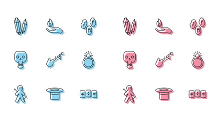 Set line Voodoo doll, Magician hat, stone, Playing cards, Spell, ring with gem, Skull and Hand holding fire icon. Vector