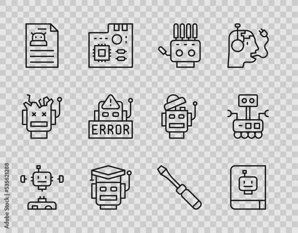 Poster set line disassembled robot, user manual, mechanical hand, robot, technical specification, error in,
