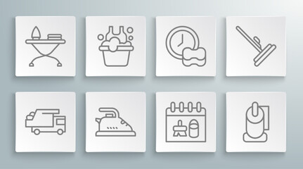 Set line Garbage truck, Basin with soap suds, Electric iron, Cleaning calendar, Toilet paper roll, Washing dishes, Mop and Iron and ironing board icon. Vector