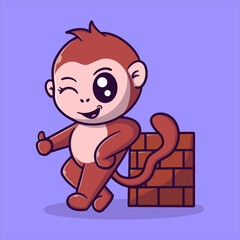 cute monkey leaning against the wall cartoon vector icon illustration 