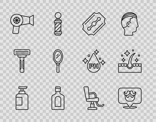 Set line Bottle of shampoo, Barbershop, Blade razor, Hair dryer, Hand mirror, chair and Oil for care treatment icon. Vector