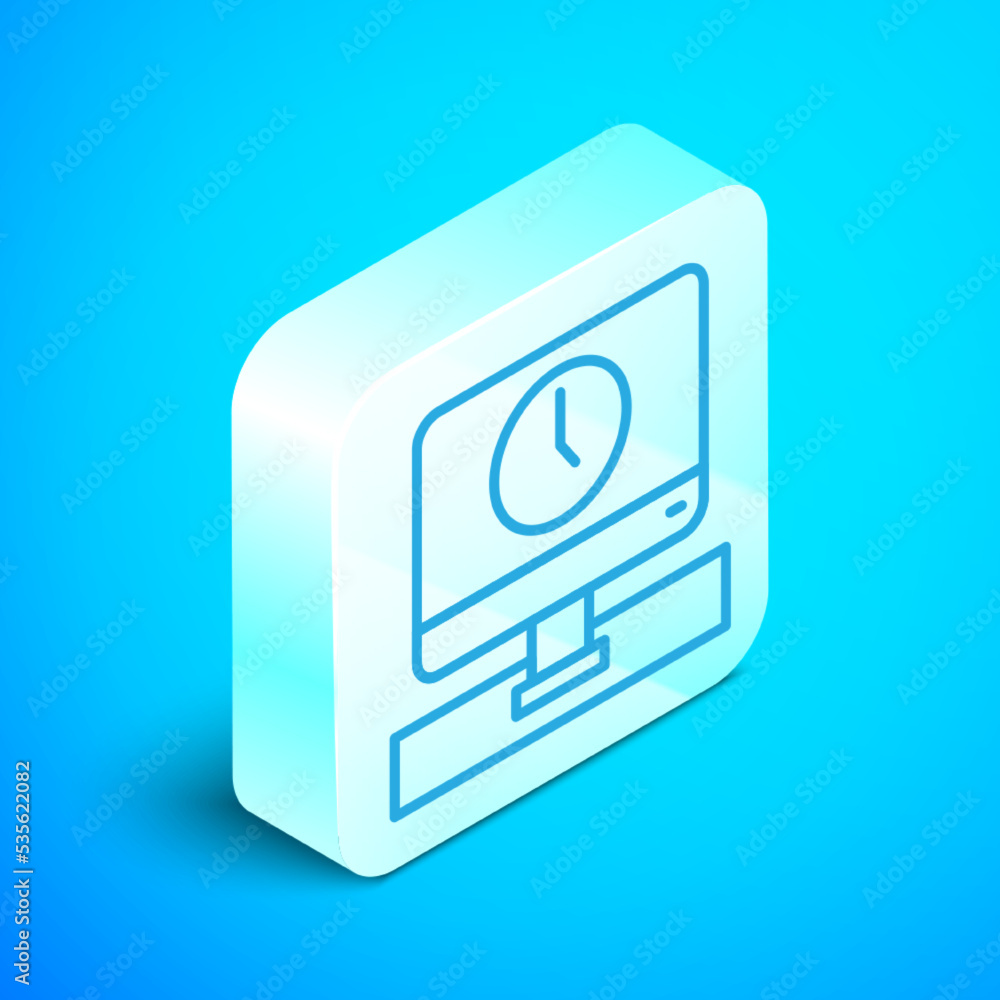 Poster isometric line computer monitor time icon isolated on blue background. electronic device. front view