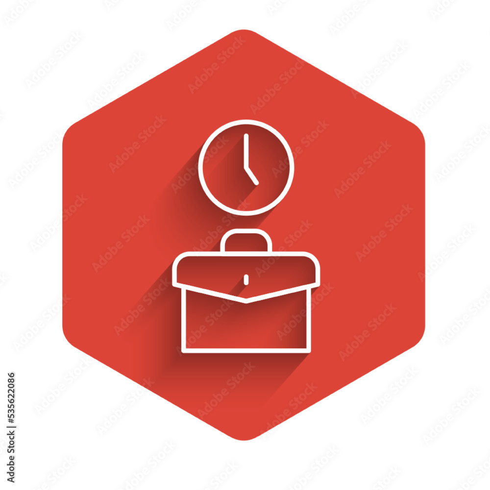 Poster White line Work time icon isolated with long shadow. Office worker. Working hours. Business briefcase. Red hexagon button. Vector
