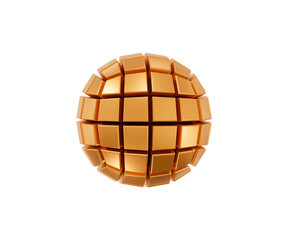3d gold shape sphere with square segment. Squared pattern. Metal simple figure for your design on isolated background. 3d rendering illustration.