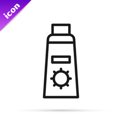 Black line Sunscreen cream in tube icon isolated on white background. Protection for the skin from solar ultraviolet light. Vector