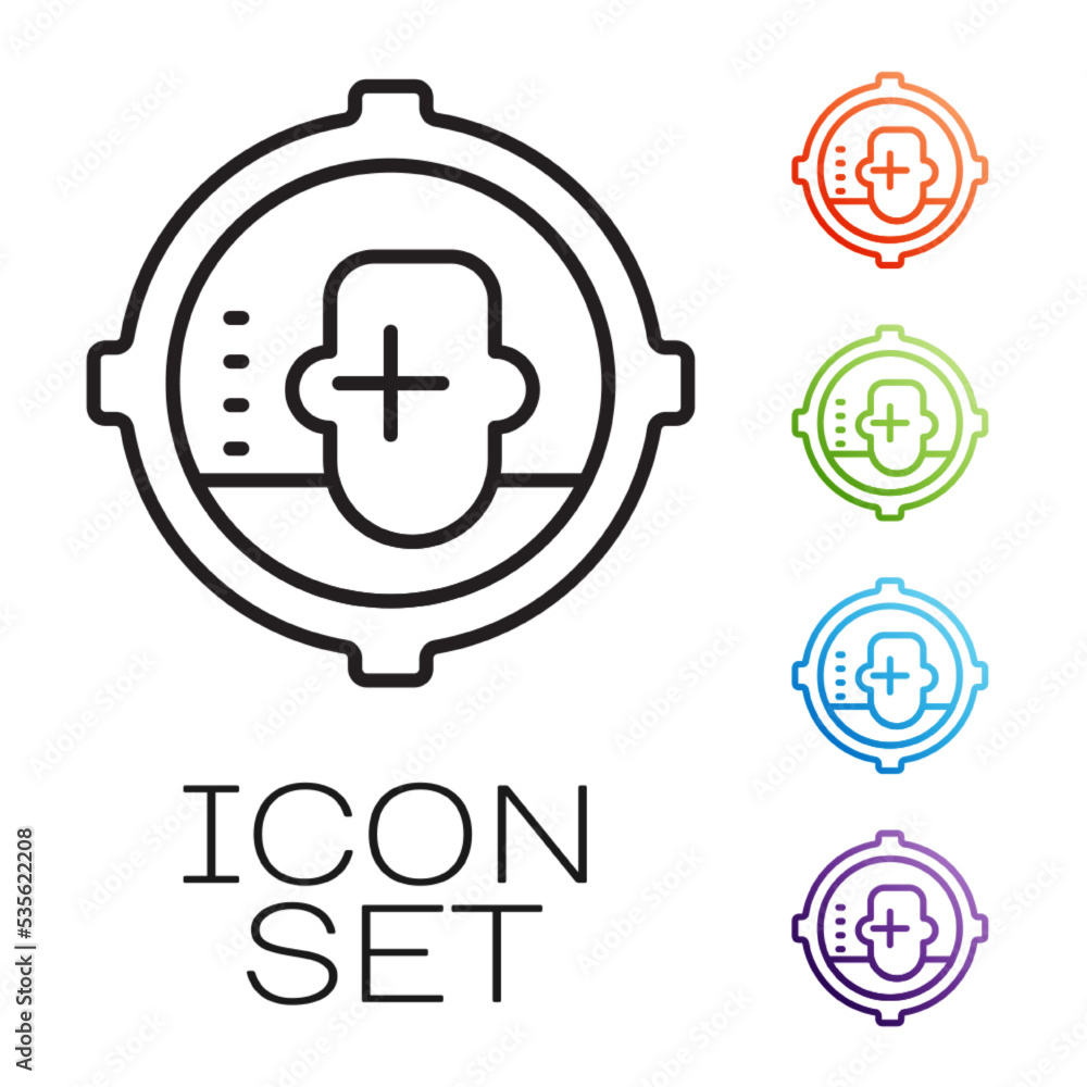 Poster black line headshot icon isolated on white background. sniper and marksman is shooting on the head o
