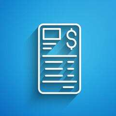 White line Paper or financial check icon isolated on blue background. Paper print check, shop receipt or bill. Long shadow. Vector