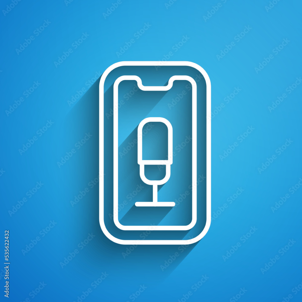 Poster White line Mobile recording icon isolated on blue background. Mobile phone with microphone. Voice recorder app smartphone interface. Long shadow. Vector