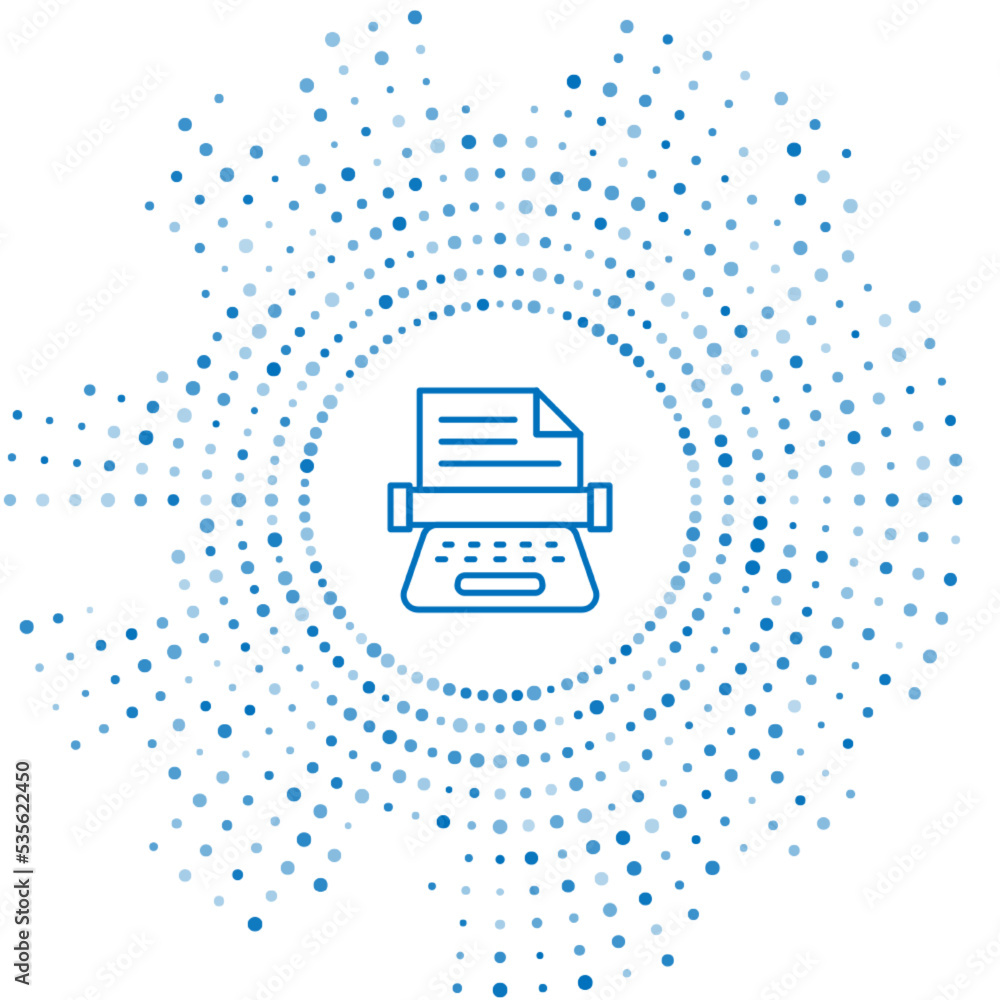 Poster blue line retro typewriter and paper sheet icon isolated on white background. abstract circle random
