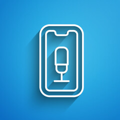 White line Mobile recording icon isolated on blue background. Mobile phone with microphone. Voice recorder app smartphone interface. Long shadow. Vector