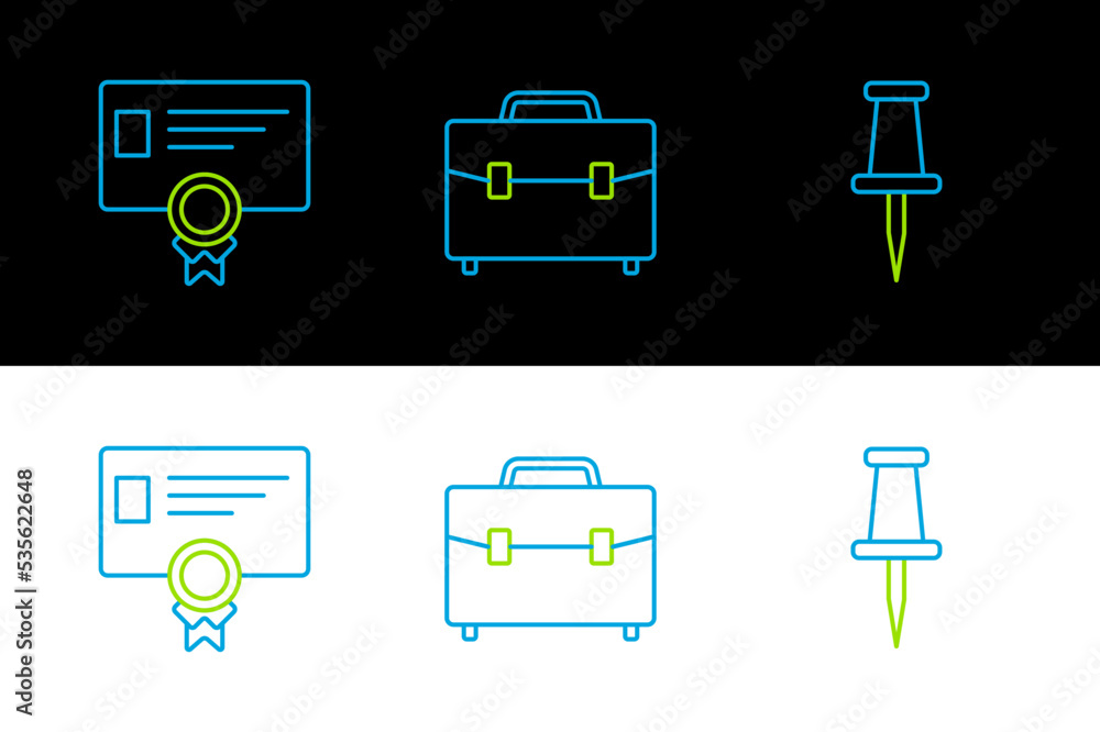 Poster set line push pin, certificate template and briefcase icon. vector