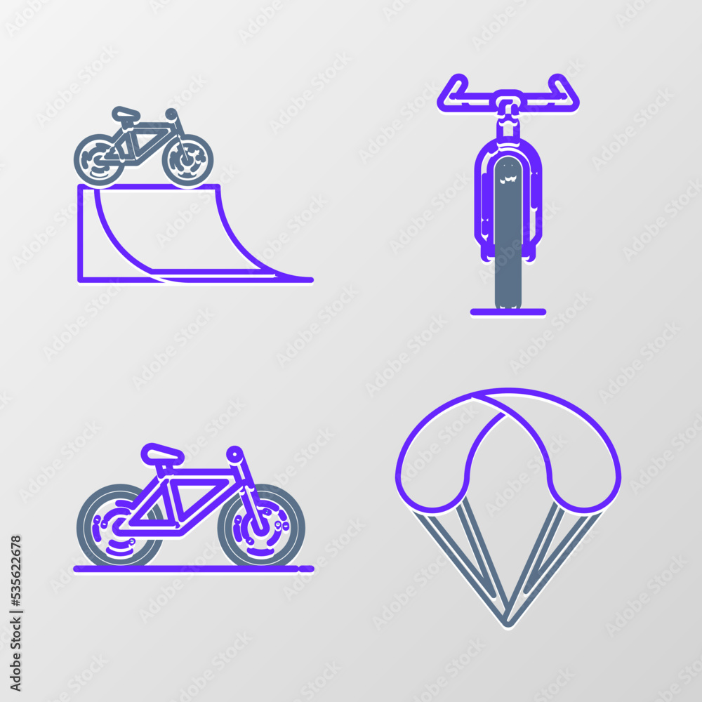 Poster set line parachute, bicycle, and on street ramp icon. vector