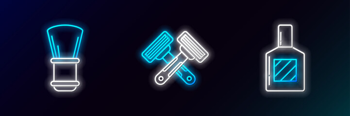 Fototapeta premium Set line Aftershave, Shaving brush and Crossed shaving razor icon. Glowing neon. Vector