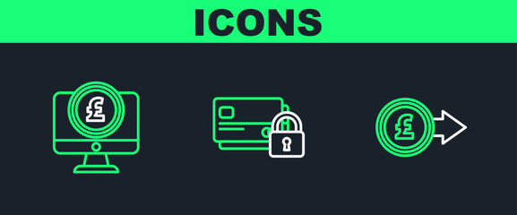 Set line Coin money with pound sterling symbol, Computer monitor and Credit card lock icon. Vector