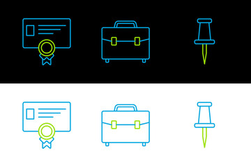 Set line Push pin, Certificate template and Briefcase icon. Vector