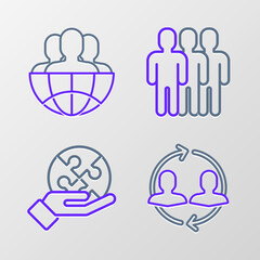 Set line Human resources, Piece of puzzle in hand, Users group and Globe people icon. Vector