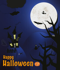 happy halloween plakat pocztówka księżyc północ wiedźma czary magia domki drzewo straszyć duch straszny