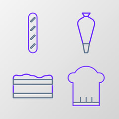 Set line Chef hat, Brownie chocolate cake, Pastry bag for decorate cakes and French baguette bread icon. Vector