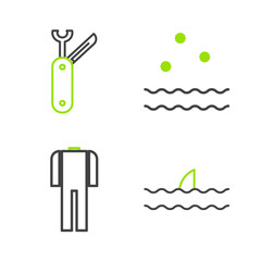 Set line Shark fin in ocean wave, Wetsuit for scuba diving, Cold and waves and Swiss army knife icon. Vector