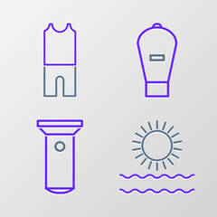 Set line Sun and waves, Flashlight, Lift bag and Wetsuit for scuba diving icon. Vector