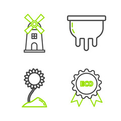 Set line Banner, label, tag, logo for eco, Sunflower, Udder and Windmill icon. Vector