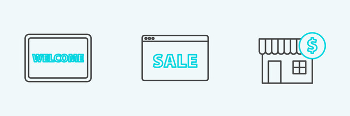 Set line House with dollar symbol, Doormat the text Welcome and Hanging sign Online Sale icon. Vector