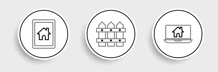 Set line Laptop and smart home, Tablet and Garden fence wooden icon. Vector