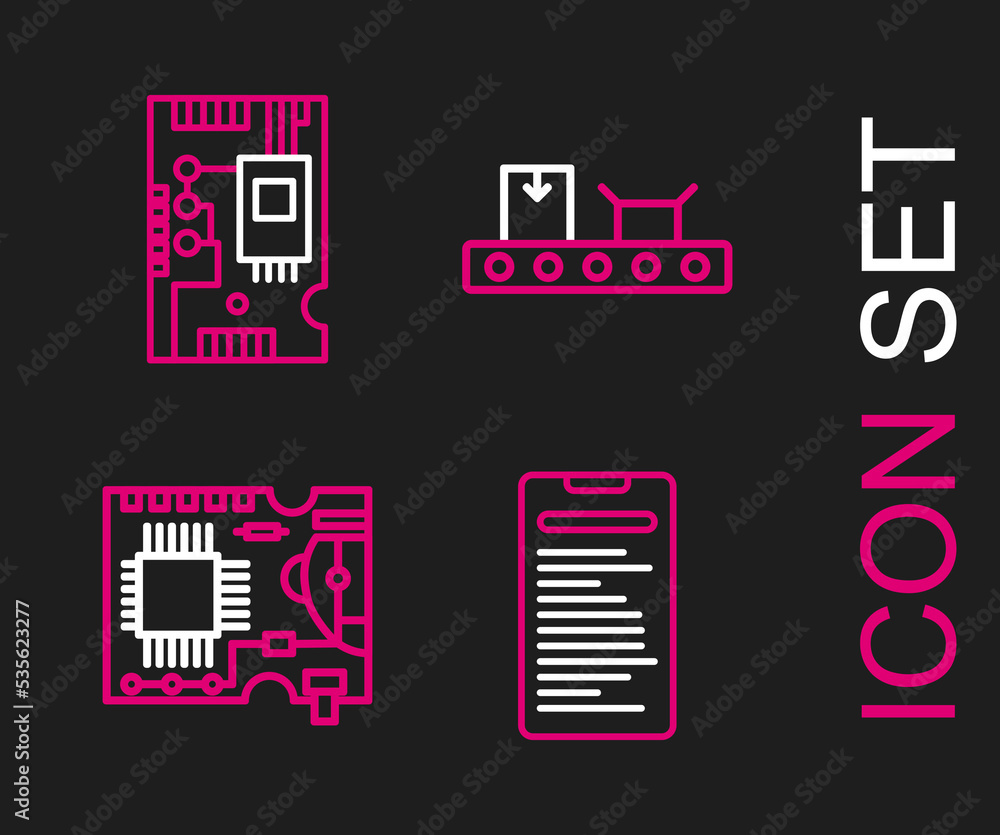 Poster set line computer api interface, printed circuit board pcb, conveyor belt with cardboard box and ele