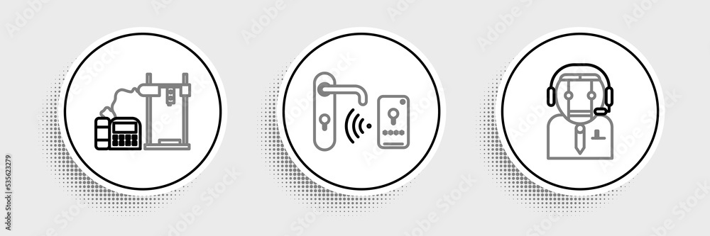 Poster set line worker robot, 3d printer and digital door lock with wireless technology for unlock icon. ve