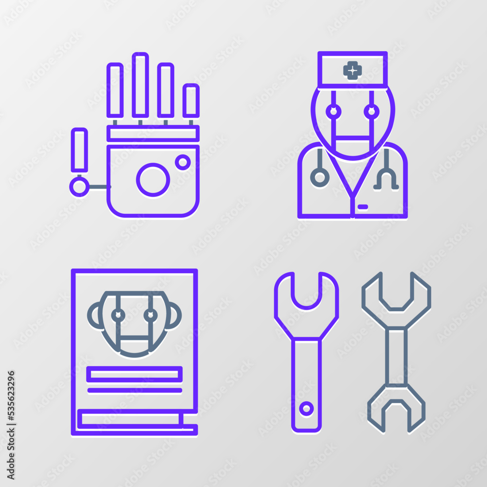 Aufkleber set line spanner, user manual, robot doctor and mechanical robot hand icon. vector