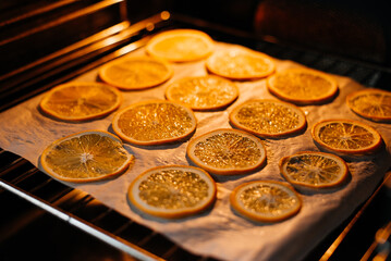 Dried orange in the oven. Orange is dried in the oven