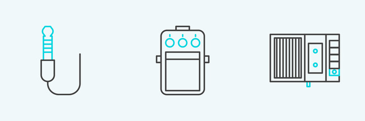 Set line Music tape player, Audio jack and Guitar pedal icon. Vector