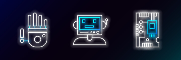 Set line Electronic computer components motherboard digital chip, Mechanical robot hand and Robot icon. Glowing neon. Vector
