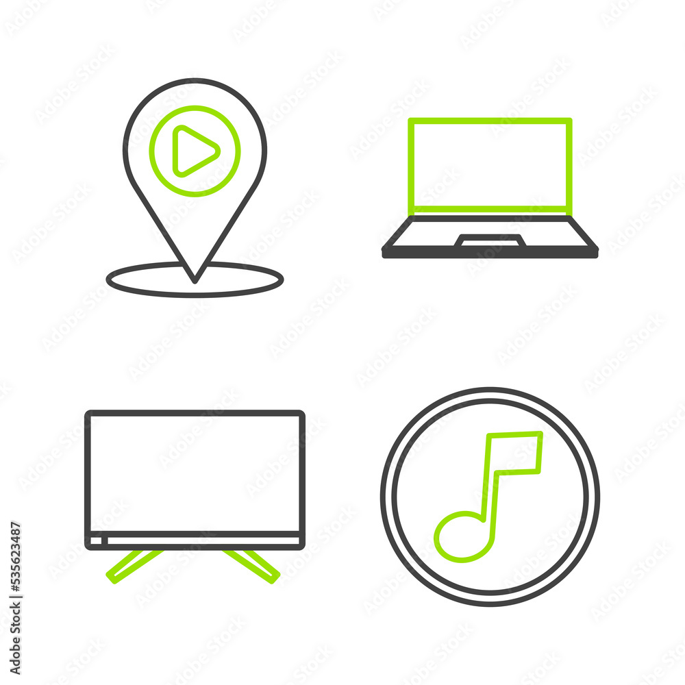 Poster set line music note, tone, smart tv, laptop and digital media play with location icon. vector