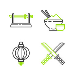 Set line Traditional Japanese katana, paper lantern, Rice in bowl with chopstick and icon. Vector