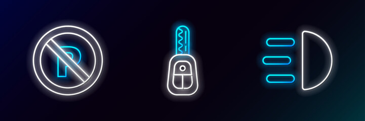 Set line High beam, No Parking or stopping and Car key with remote icon. Glowing neon. Vector