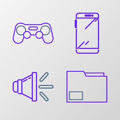 Set line Document folder, Speaker volume, Smartphone, mobile phone and Gamepad icon. Vector