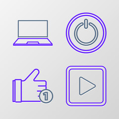 Set line Play in square, Hand like, Power button and Laptop icon. Vector