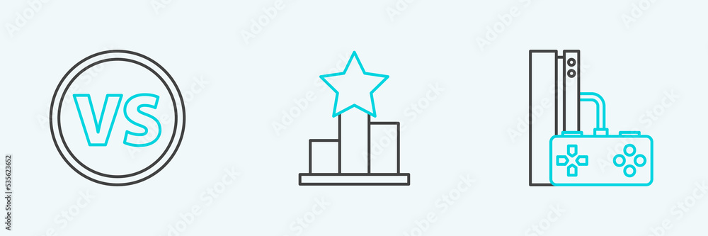 Poster set line game console with joystick, vs versus battle and star icon. vector
