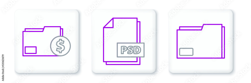 Poster set line document folder, finance document and psd file icon. vector
