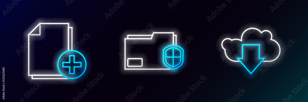 Poster set line cloud download, add new file and document folder protection icon. glowing neon. vector