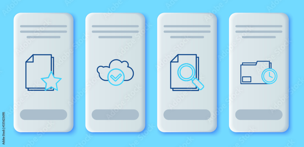 Poster set line cloud with check mark, document search, star and folder clock icon. vector