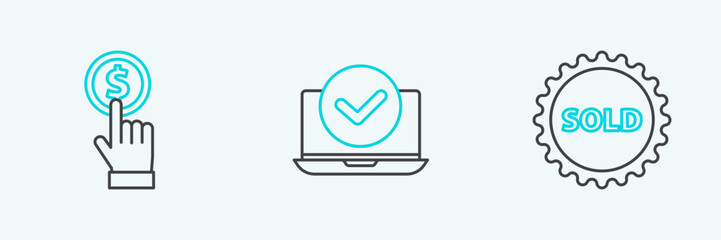 Set line Sold label, Hand holding coin and Laptop icon. Vector